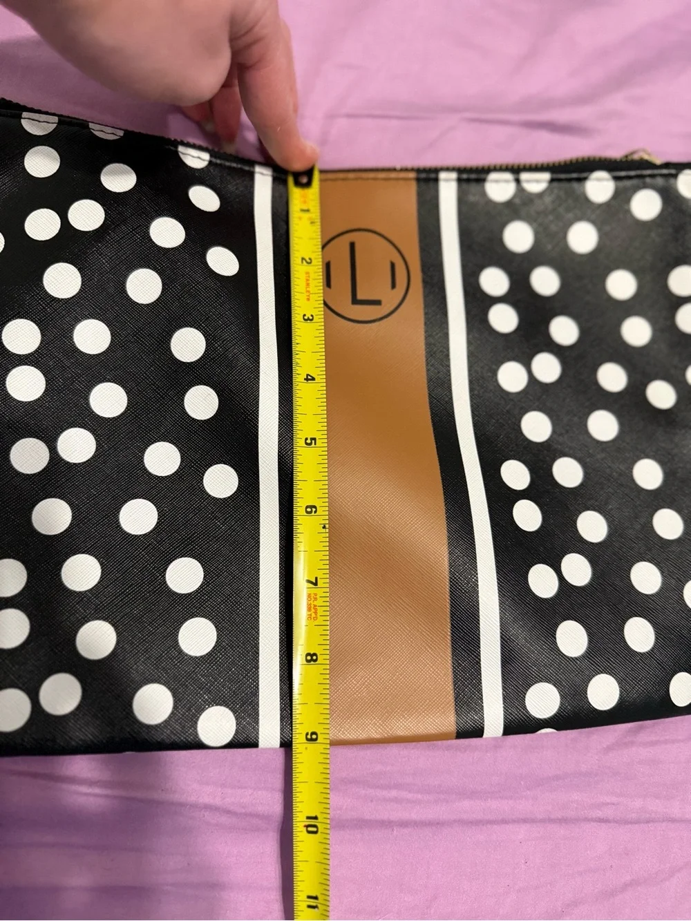 L Monogram Black & White Polka Dot Pouch with Brown Stripe